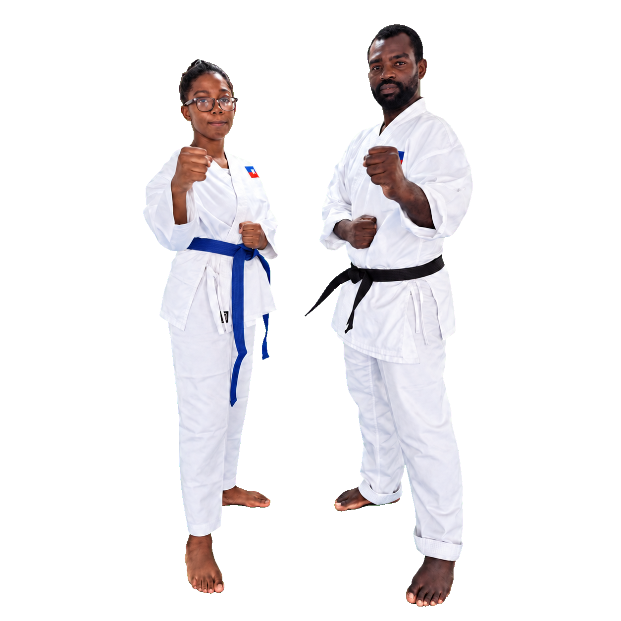 Pratiquants en position de combat, patch du drapeau haïtien